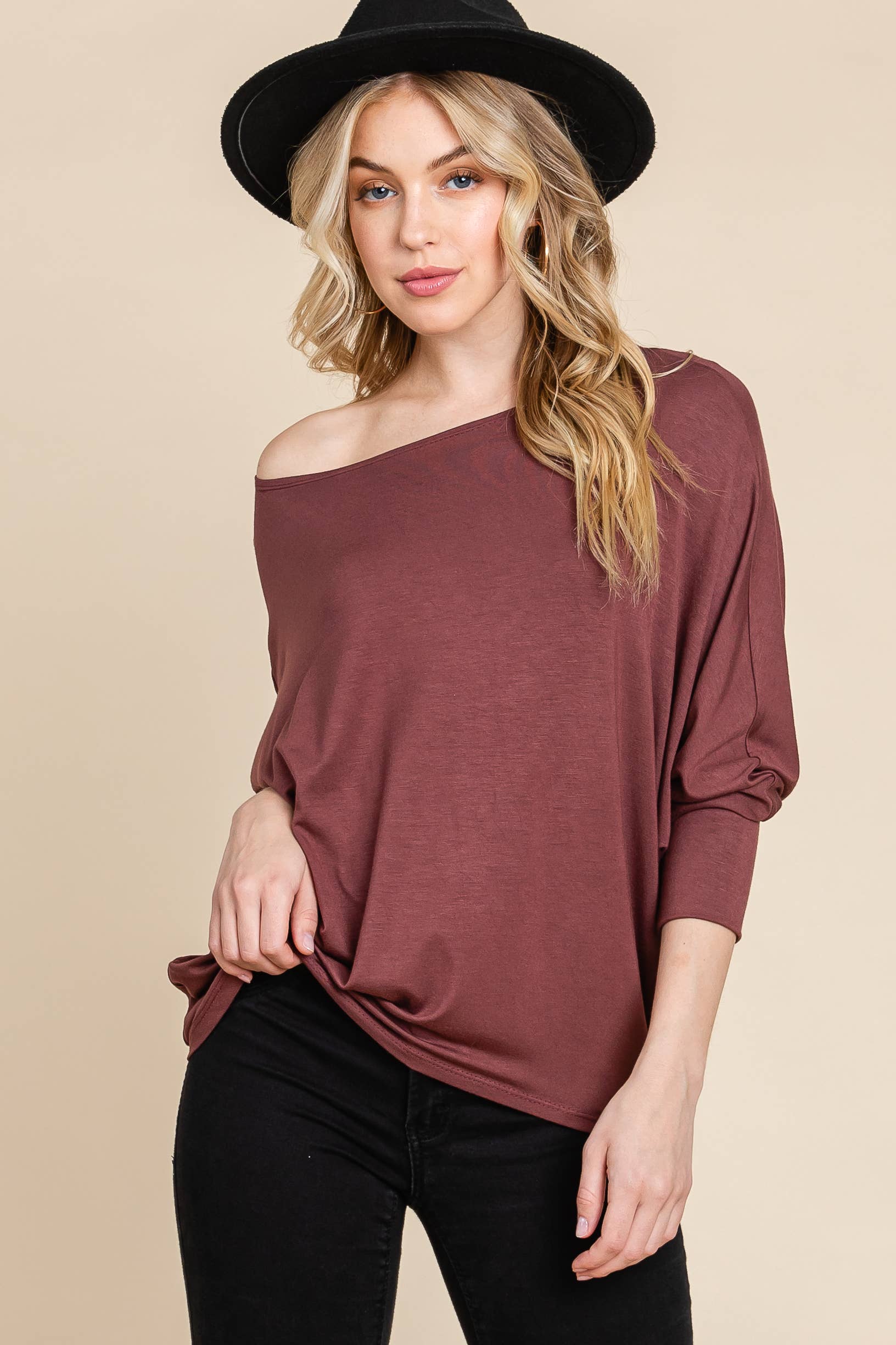 ETK-8992-PL Plus Size Solid Rayon Boat-Neckline Causal Top