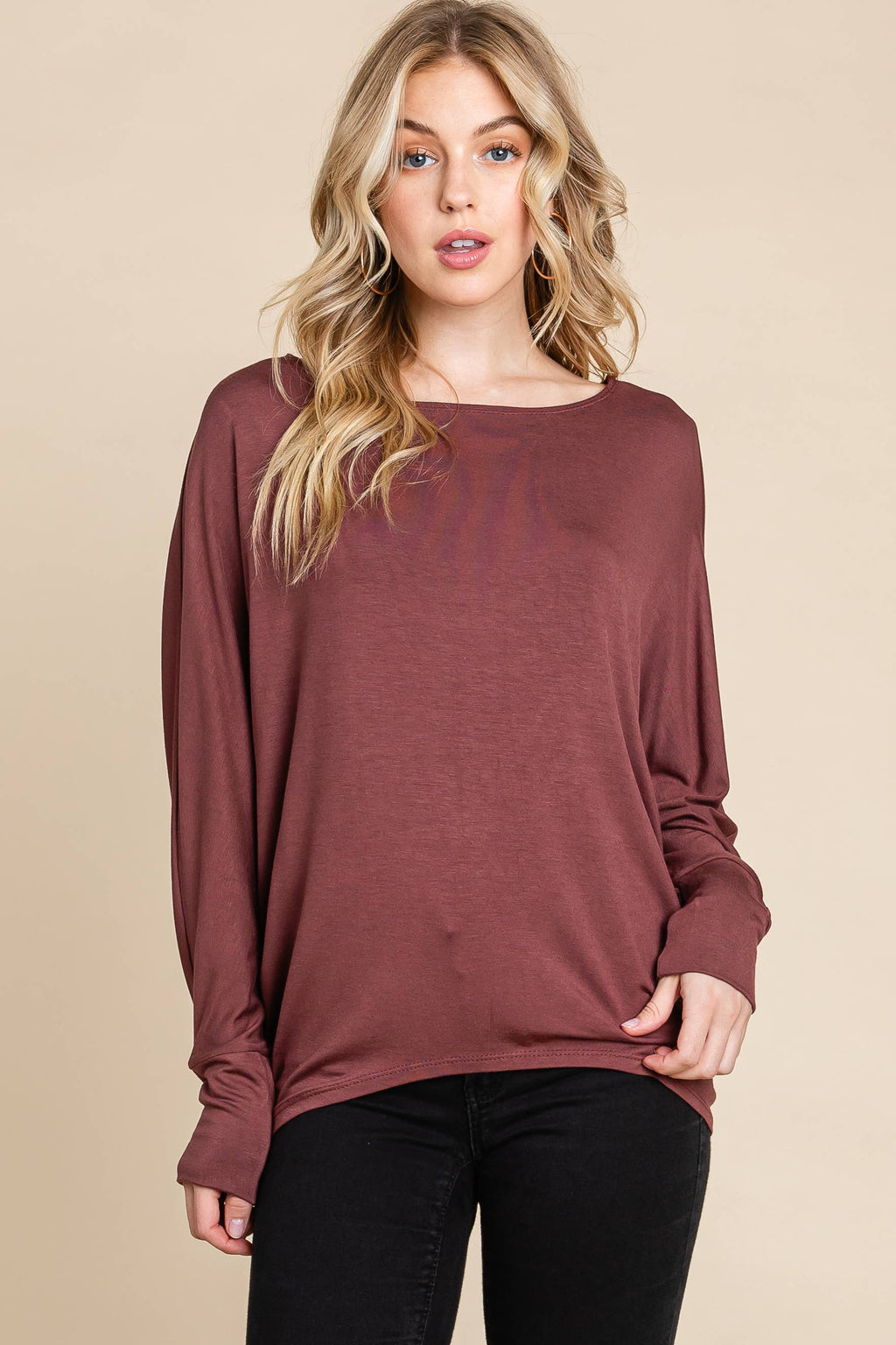 ETK-8992-PL Plus Size Solid Rayon Boat-Neckline Causal Top