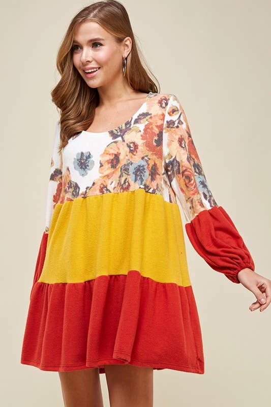 ETK-7798 Floral Color Block Babydoll Dress