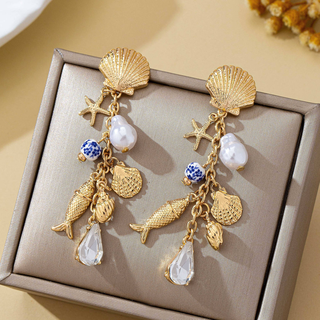 Pearl Shell Fish Cluster Charm Drop Earrings