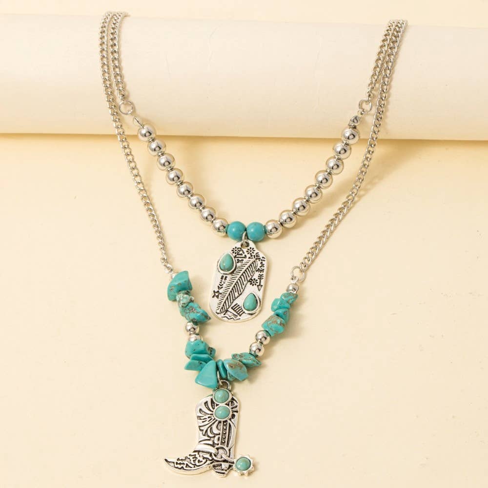 Engraved Cowboy Boot And Tag Turquoise Beads Layered Chain