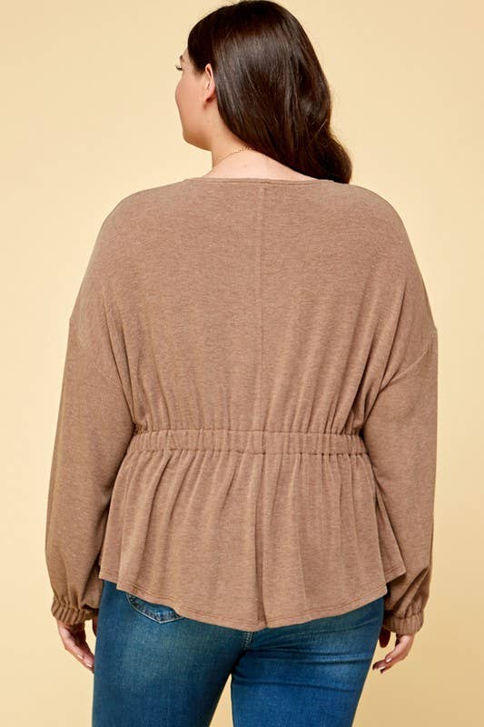 ETK-8582-PL Plus Size Solid Ruched Back Casual Top