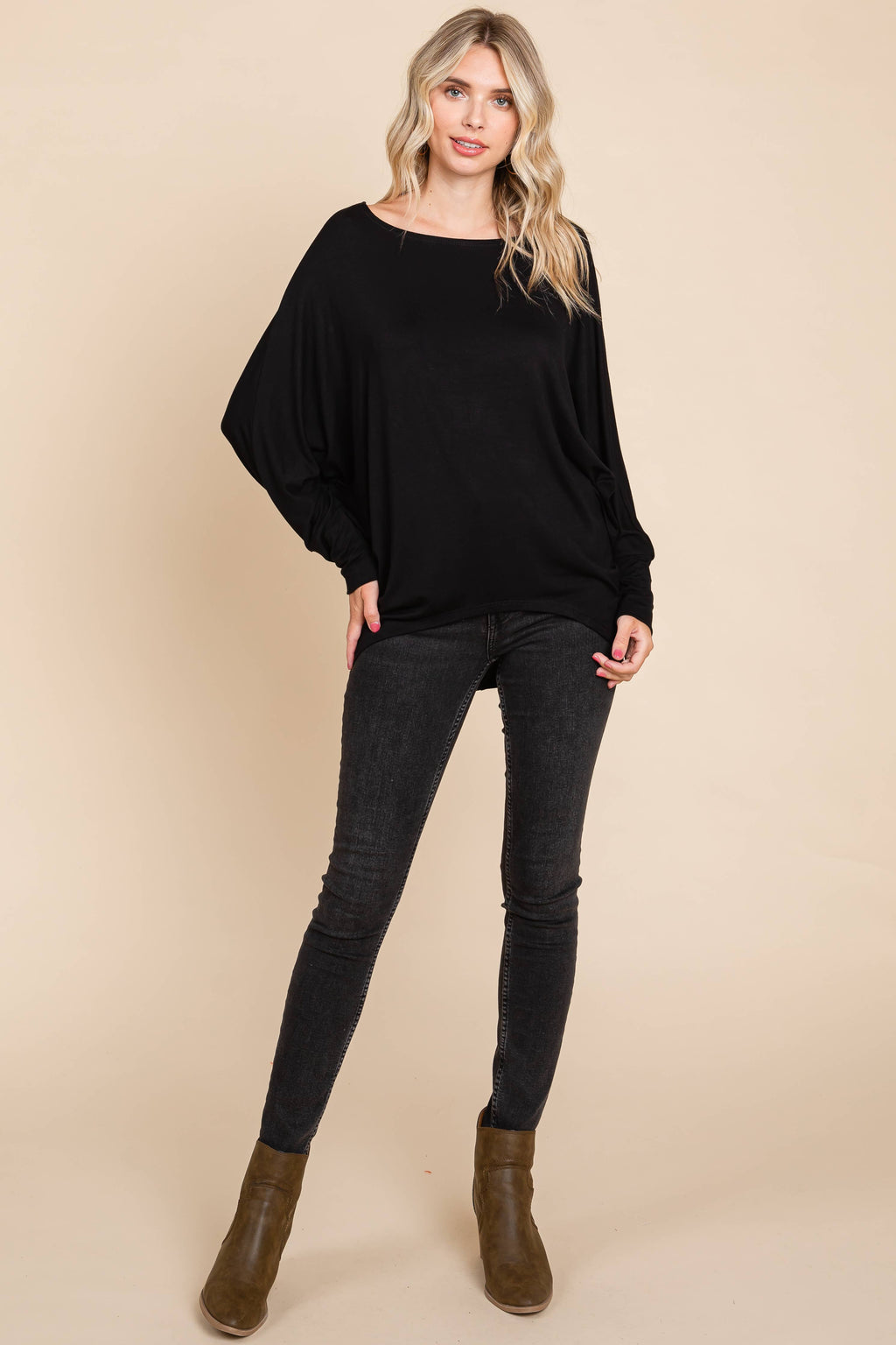 ETK-8992-PL Plus Size Solid Rayon Boat-Neckline Causal Top