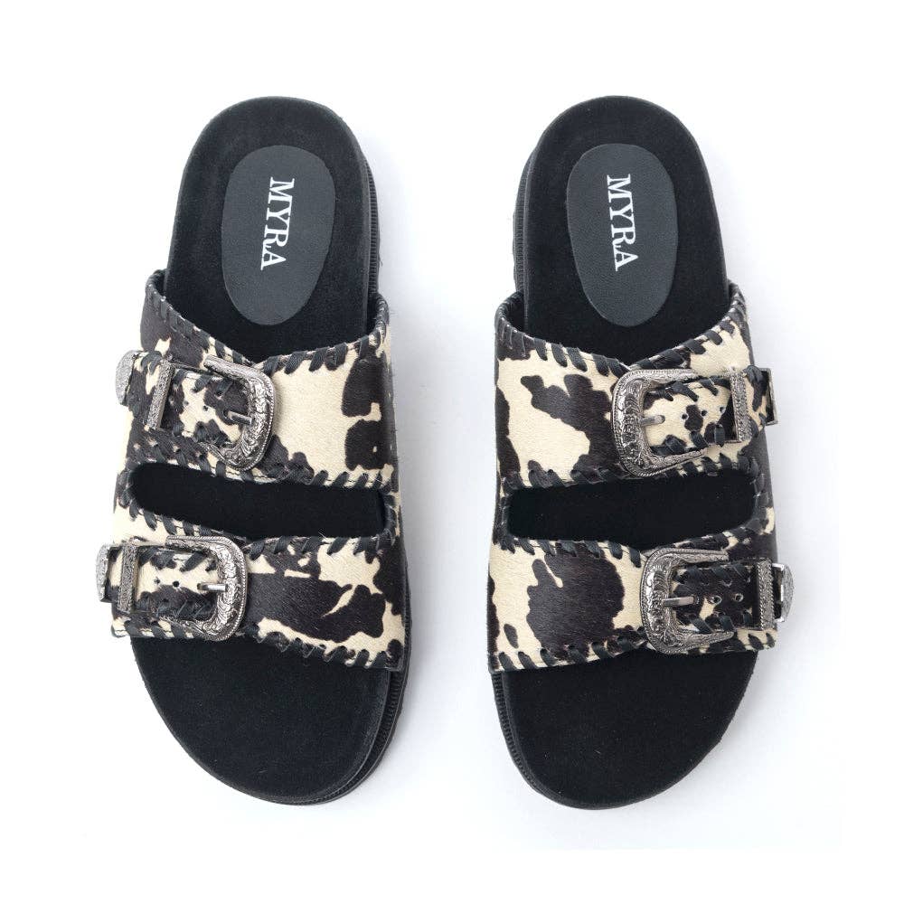 Coyote Crest Hairon Leather Sandals in Vanilla White