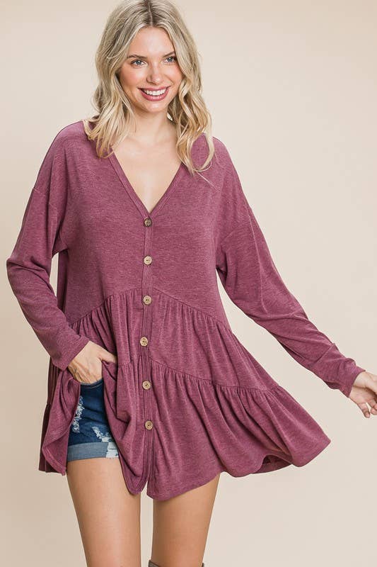 ETK-8529 Solid Swing Button Up Tunic Top