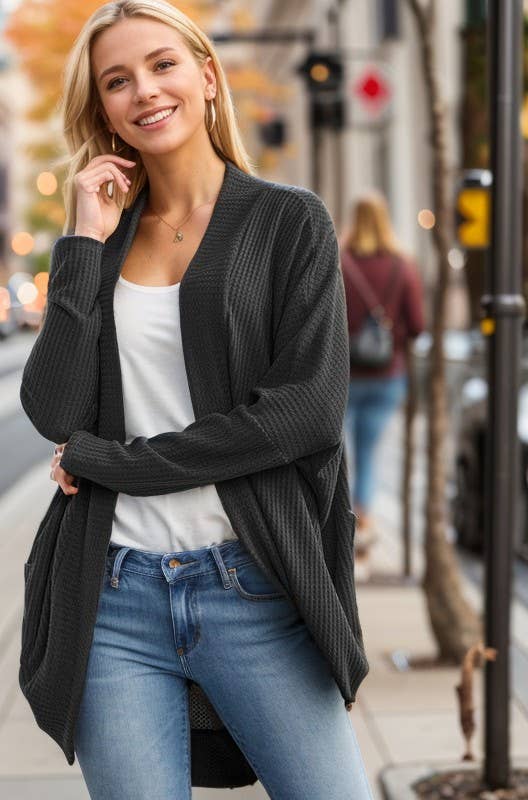WAFFLE SOLID HIGH LOW OPEN CARDIGAN