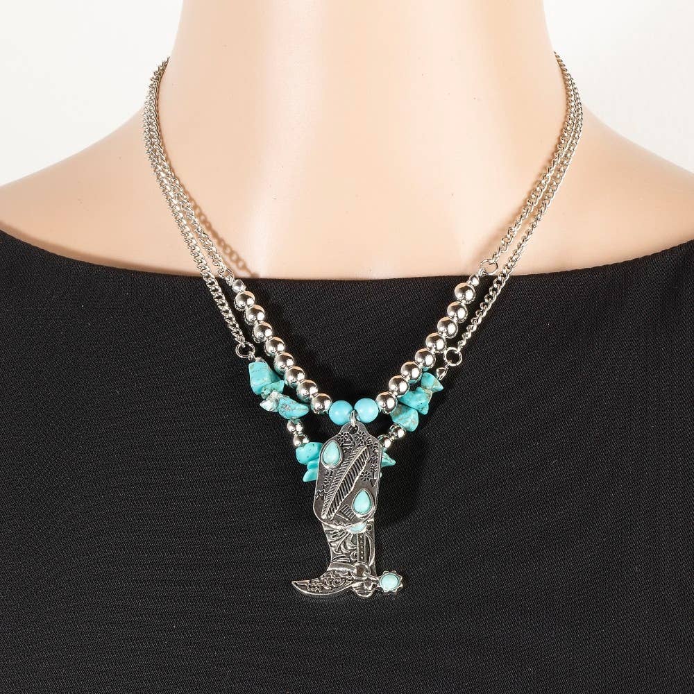 Engraved Cowboy Boot And Tag Turquoise Beads Layered Chain