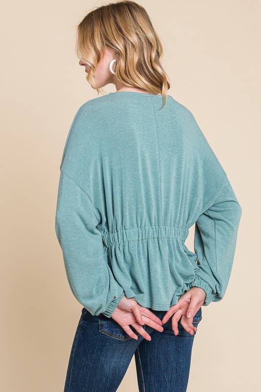 ETK-8582-PL Plus Size Solid Ruched Back Casual Top