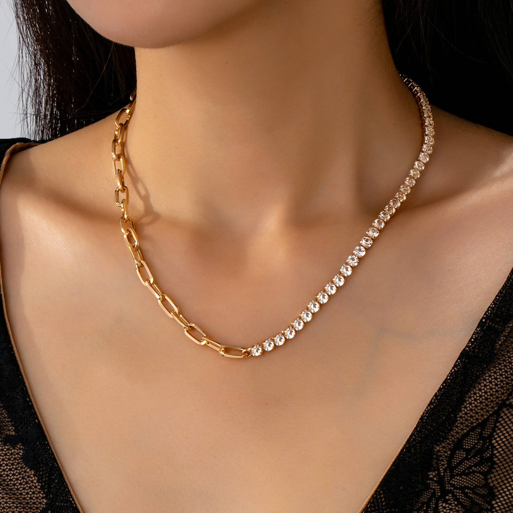 Dual Necklace-Half Rhinestones & Half Link Chain