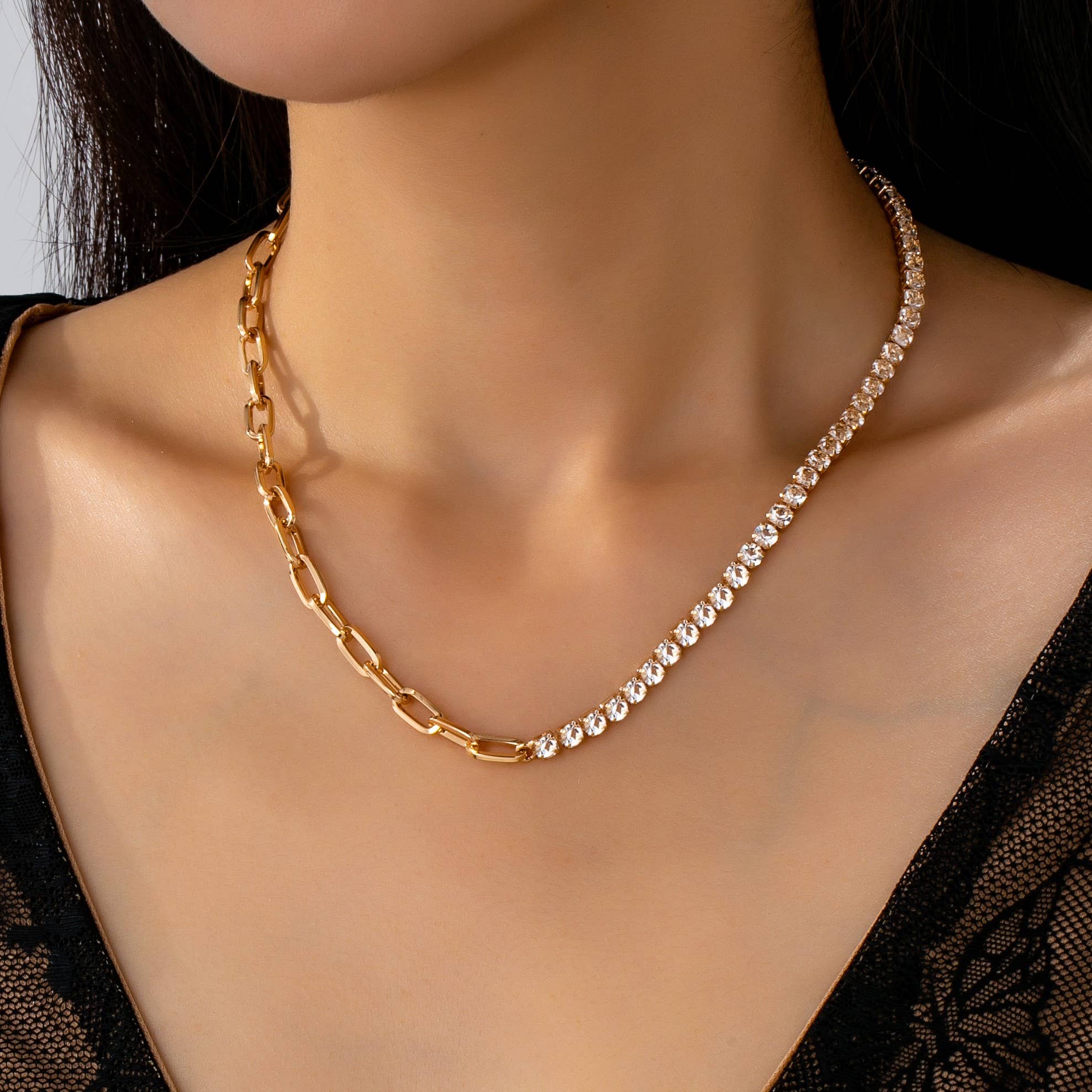 Dual Necklace-Half Rhinestones & Half Link Chain