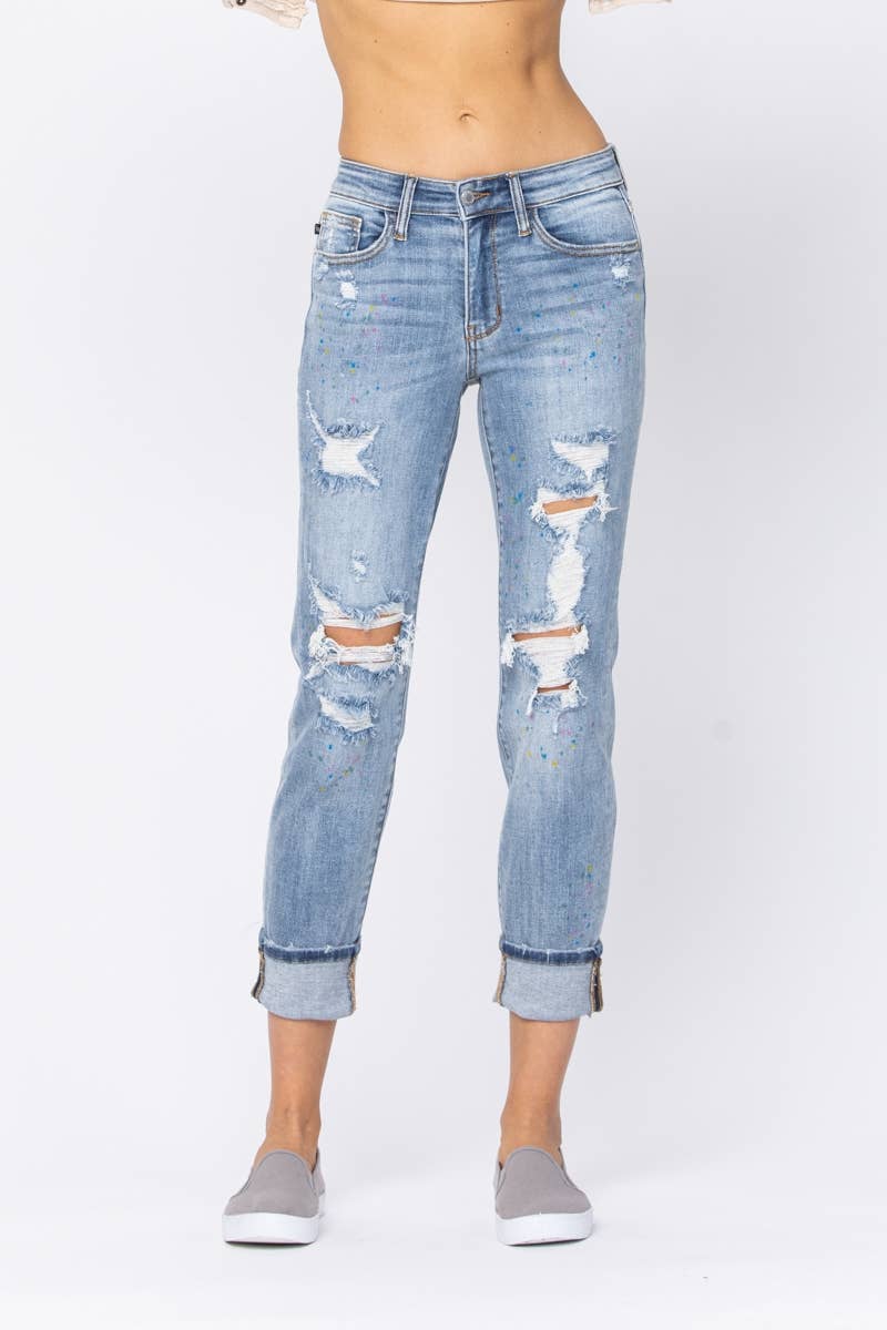 JUDY BLUE  BOYFRIEND PAINT SPLASH DENIM