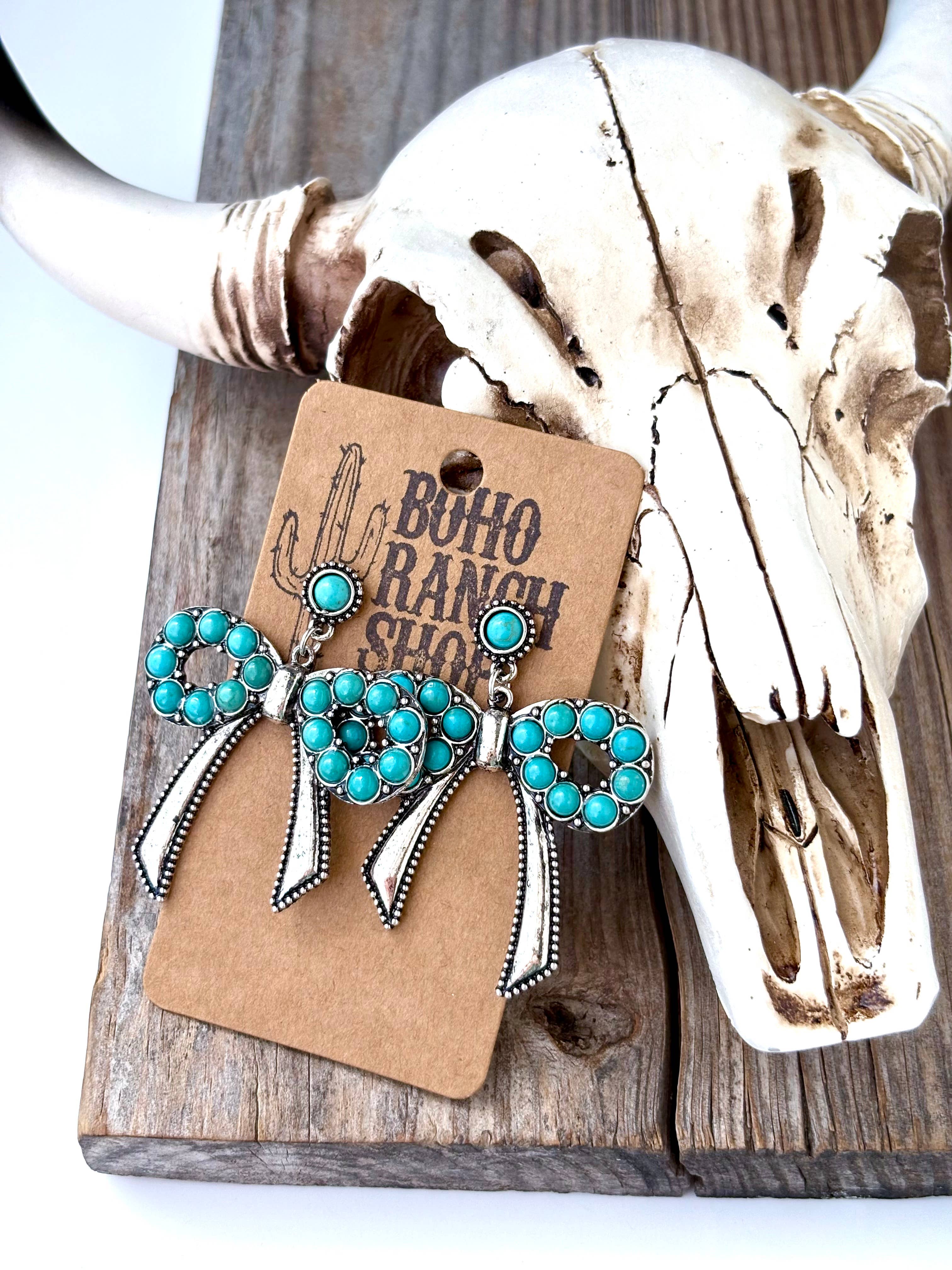 Coquette Bow Ribbon with Turquoise Stone Post Drop Earrings