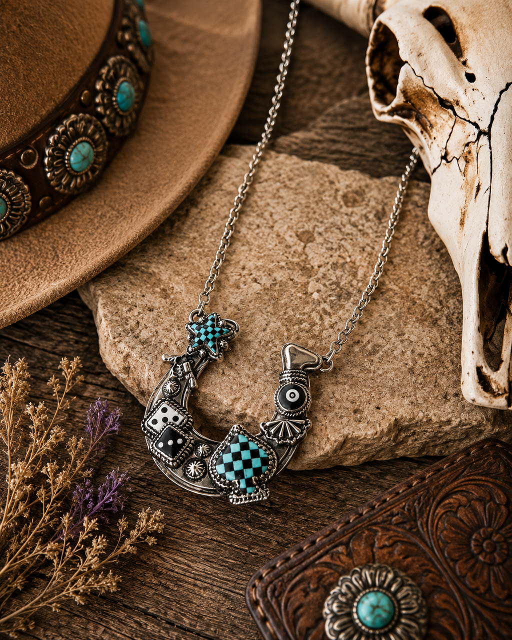 Western Style Horseshoe Checker Lucky Pendant Necklace