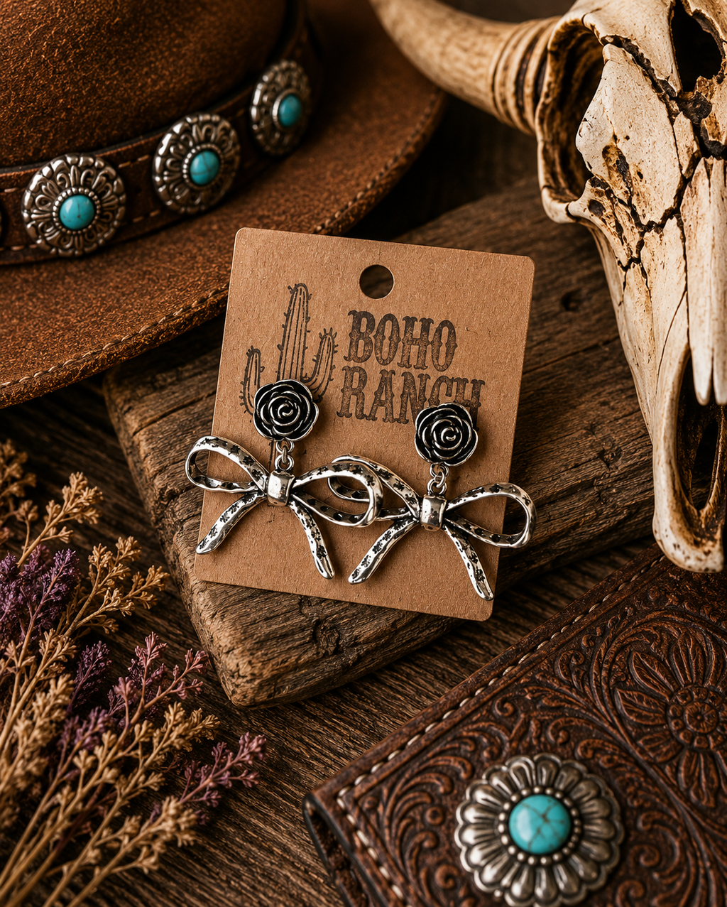 Western Rose Flower & Coquette Bow Post Drop Earrings