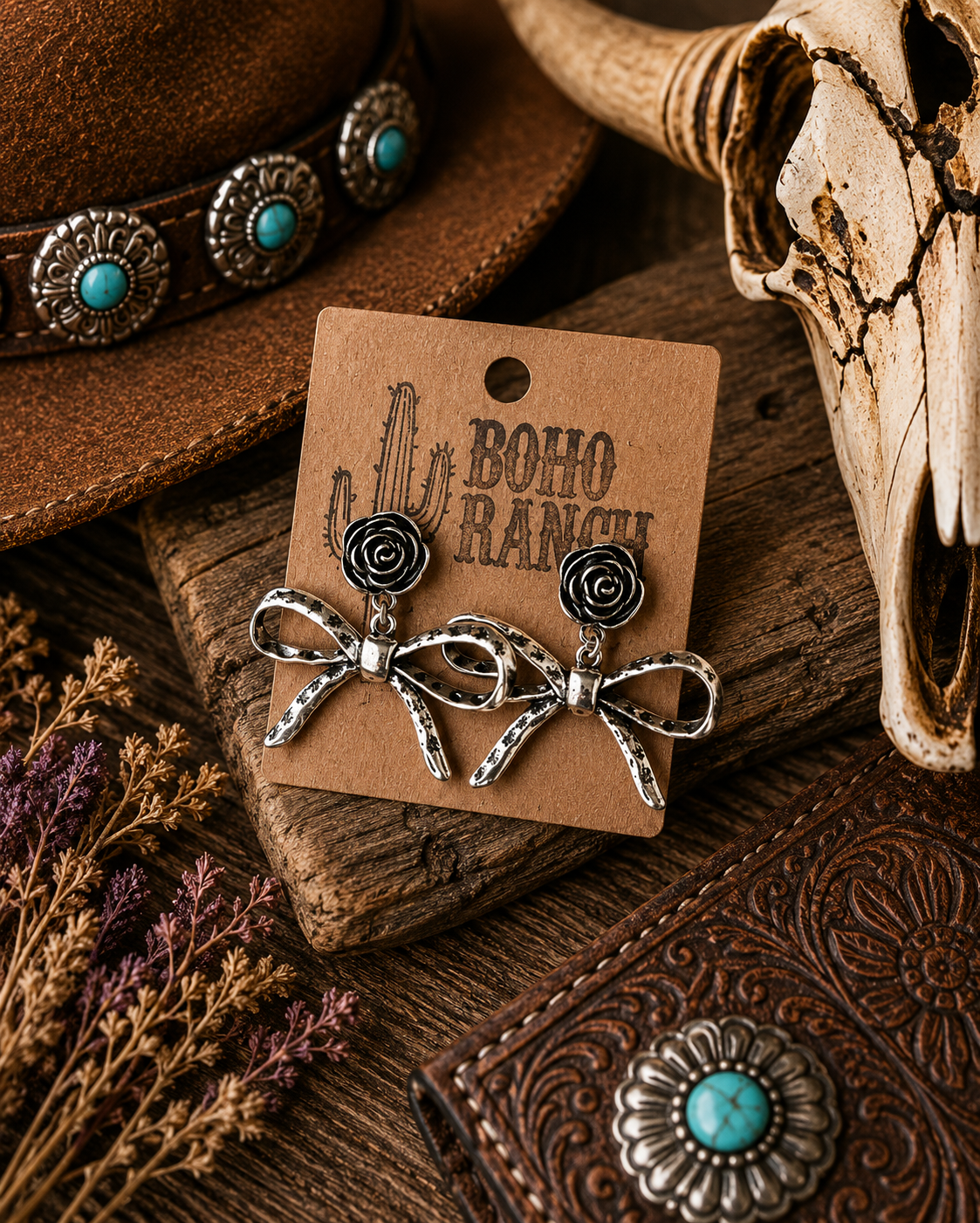 Western Rose Flower & Coquette Bow Post Drop Earrings