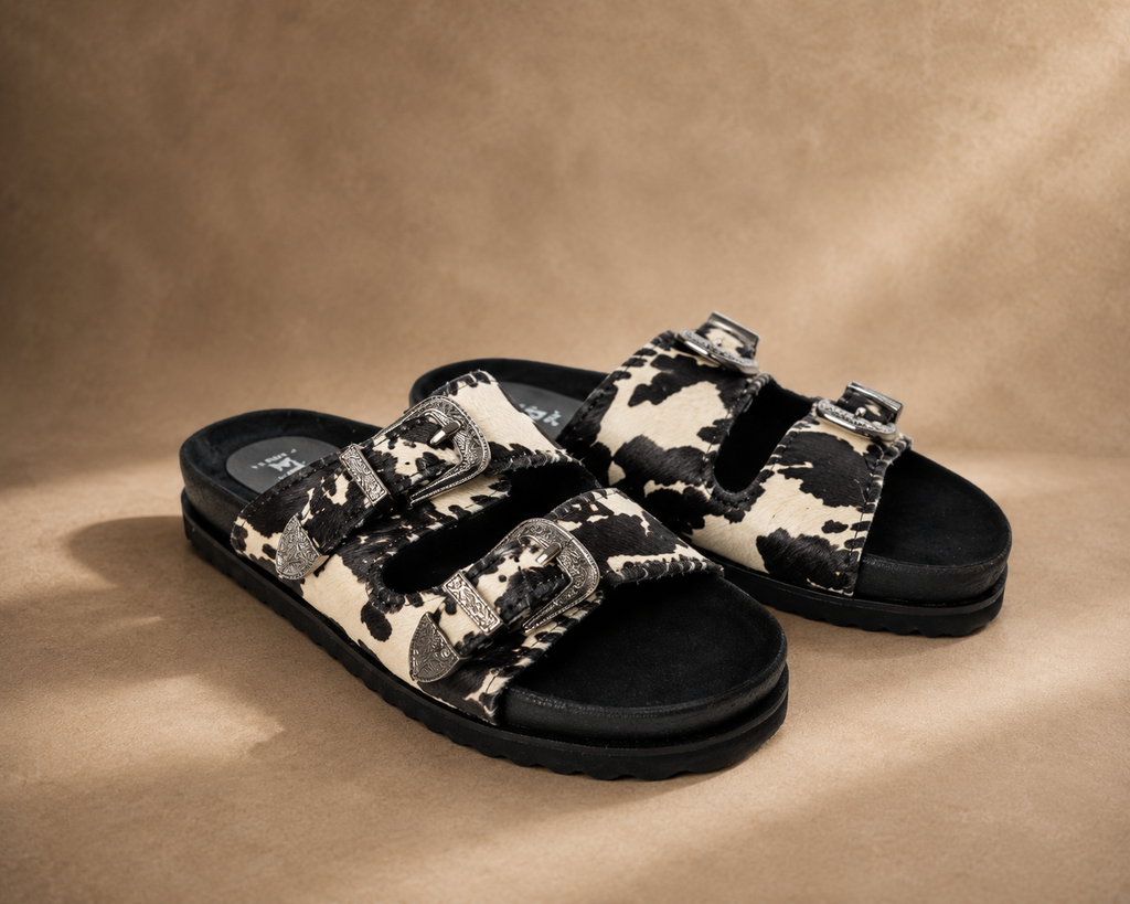 Coyote Crest Hairon Leather Sandals in Vanilla White