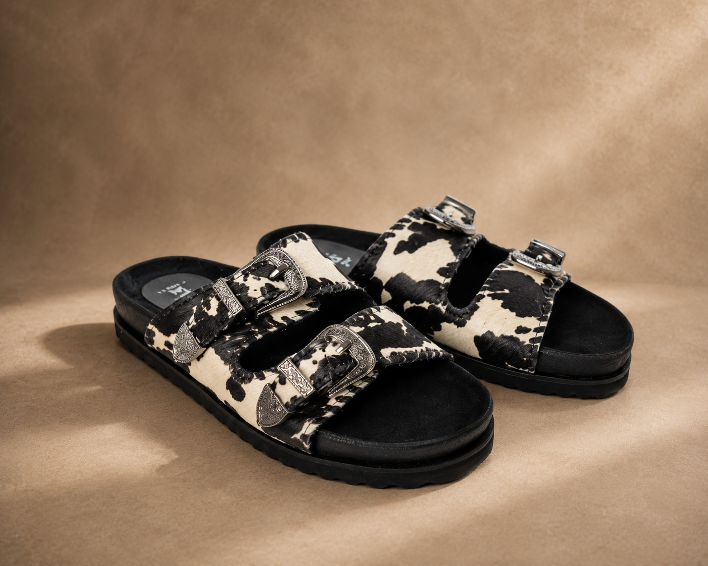 Coyote Crest Hairon Leather Sandals in Vanilla White