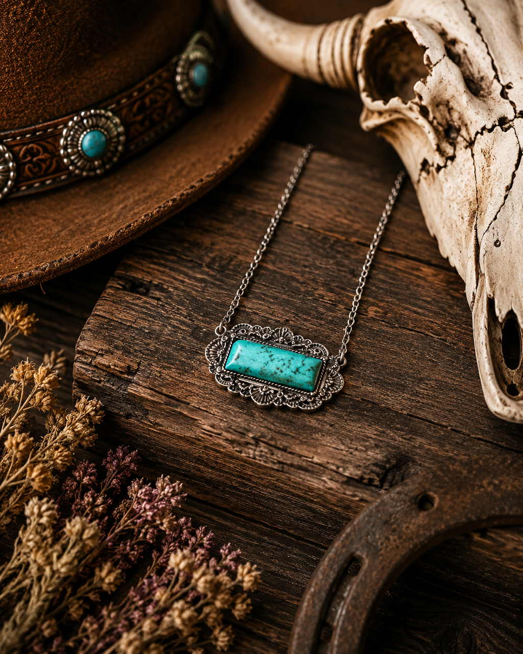 Western Rectangle Stone Pendant Necklace