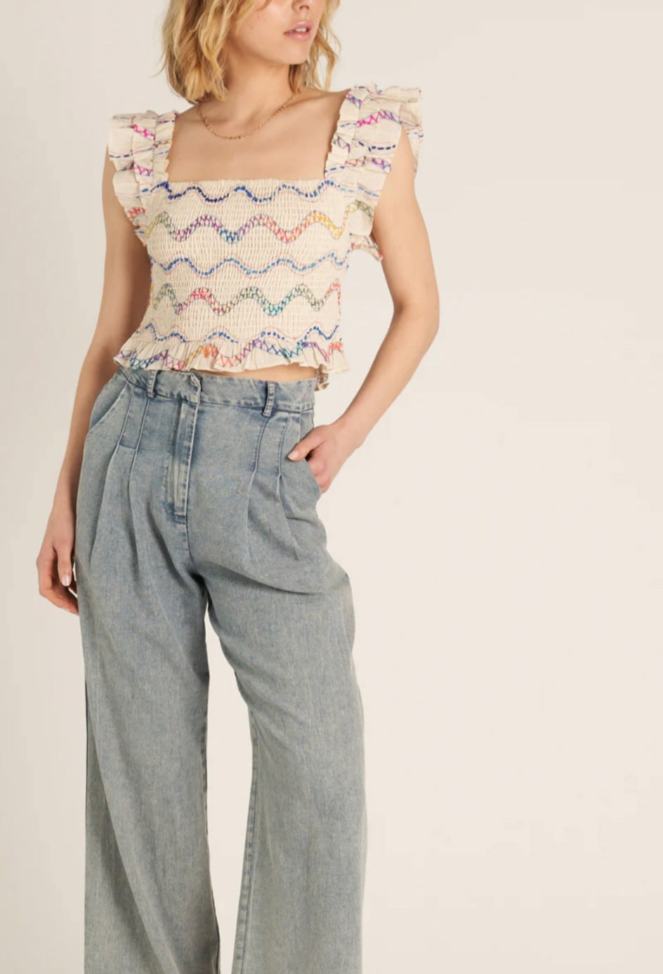 Pleated Wide Leg Denim