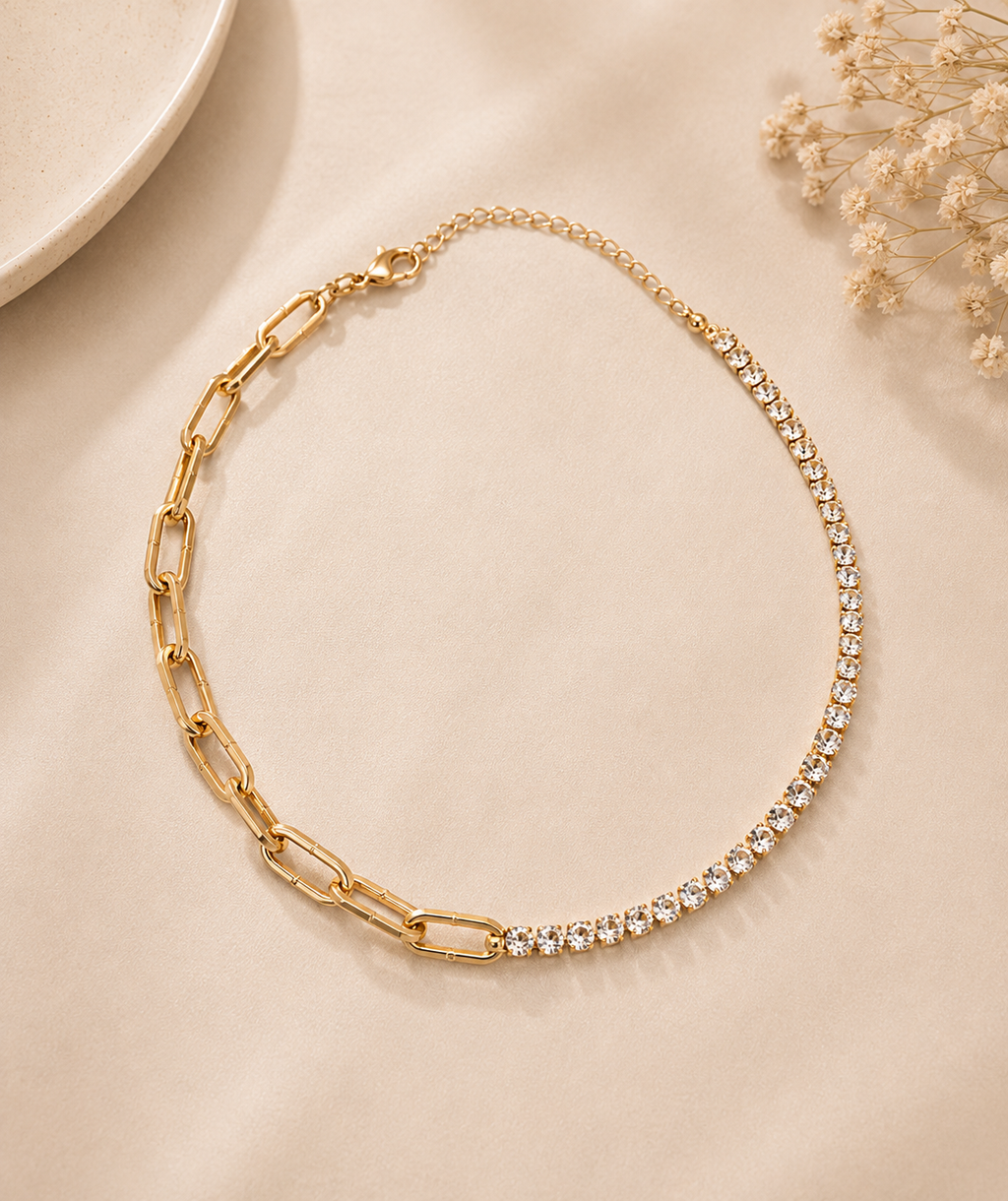 Dual Necklace-Half Rhinestones & Half Link Chain