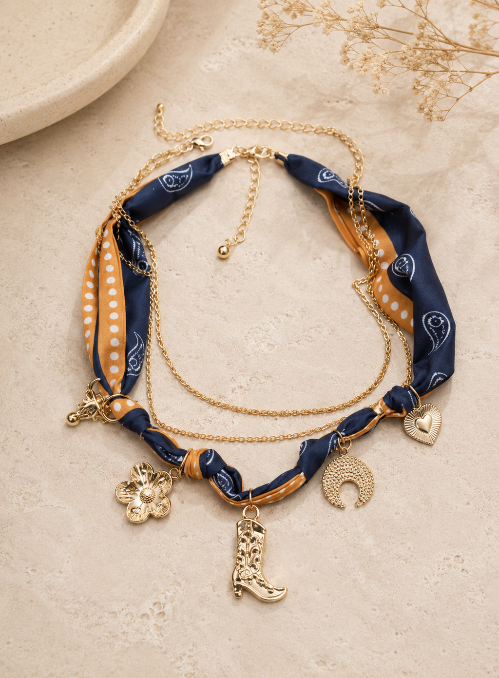 SCARF CHARM NECKLACE-BOOT FLOWER HEART BULL