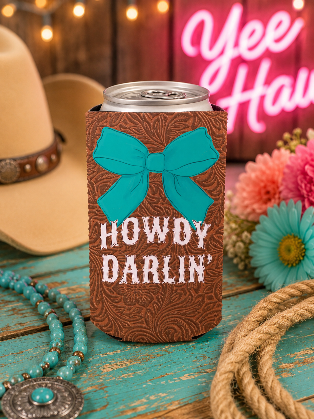 SLIM Western howdy darlin turquoise bow koozies