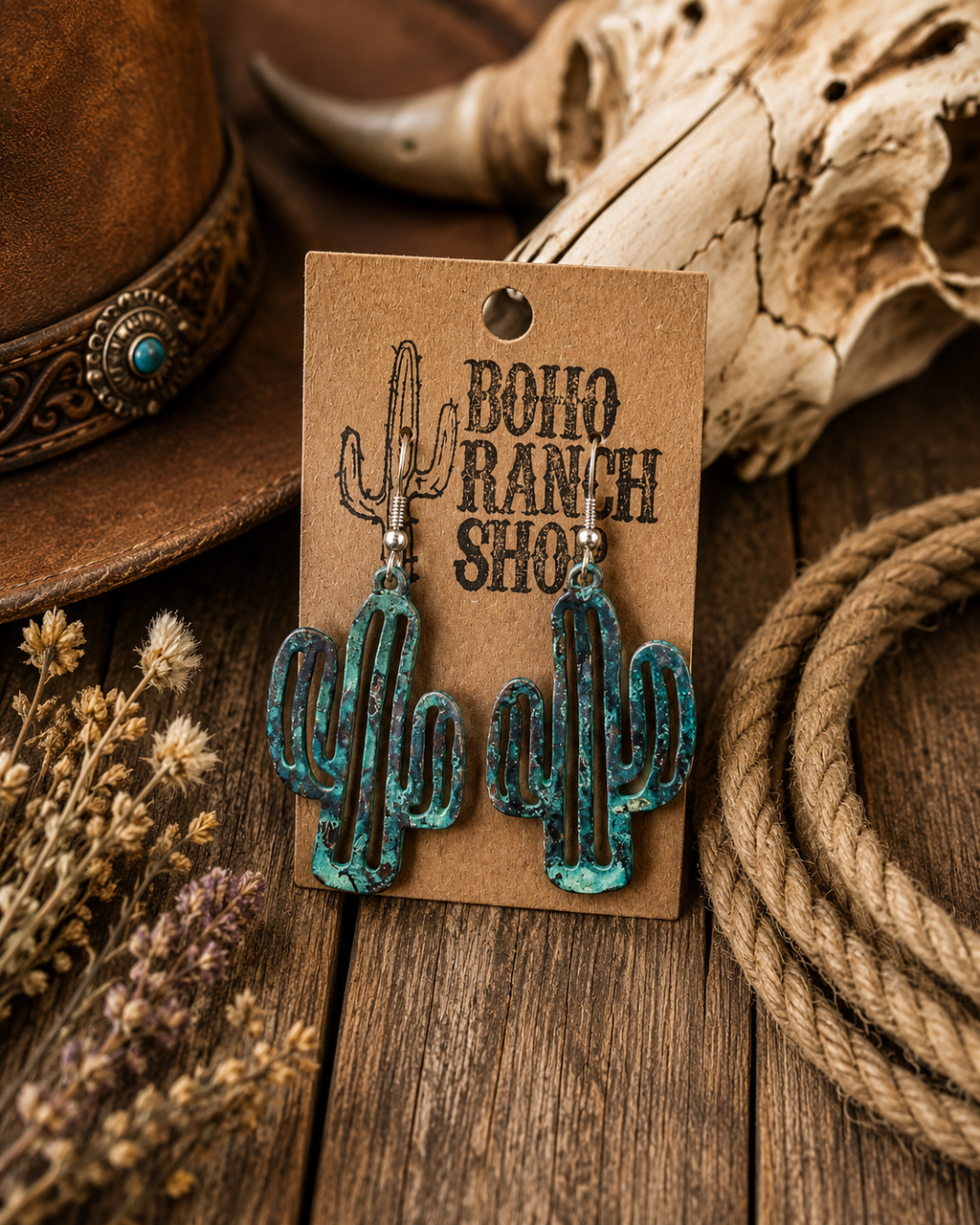Hammered Western Cactus Dangle Earrings