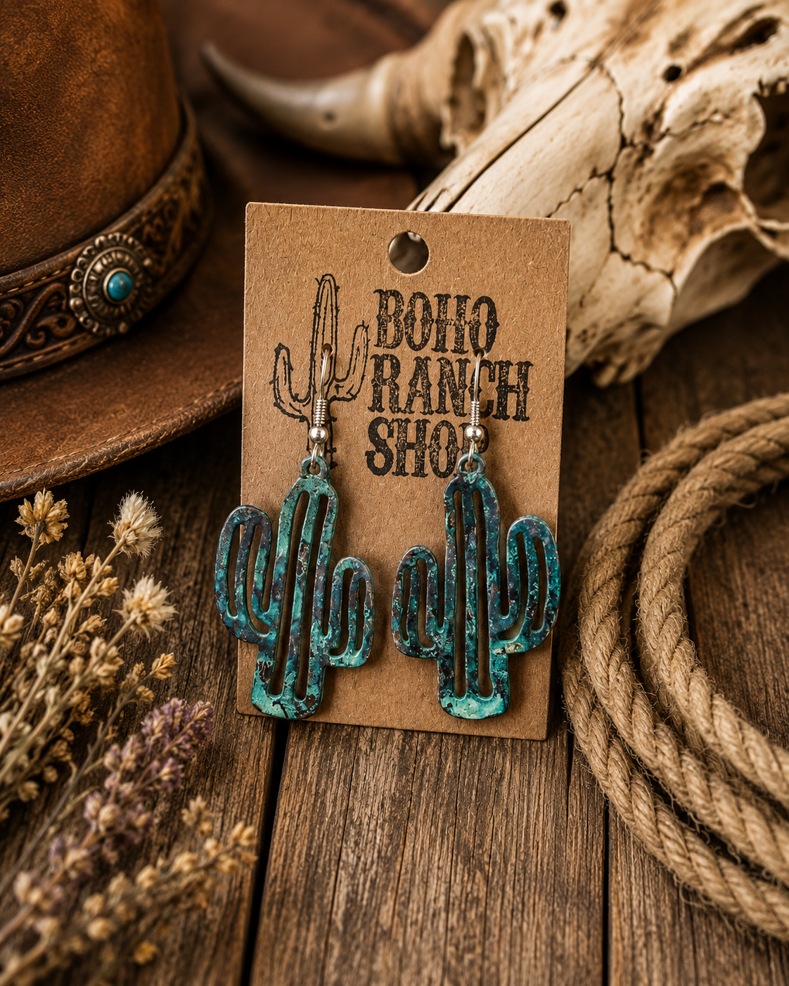 Hammered Western Cactus Dangle Earrings