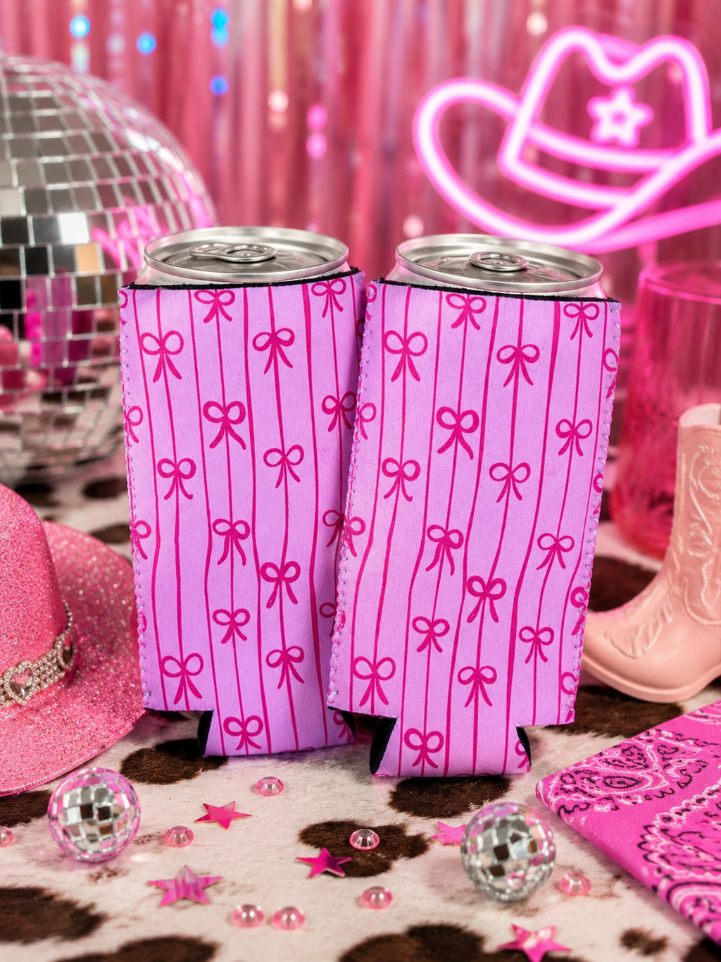 SLIM Pink bow can koozies