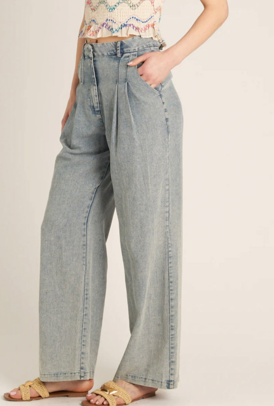 Pleated Wide Leg Denim