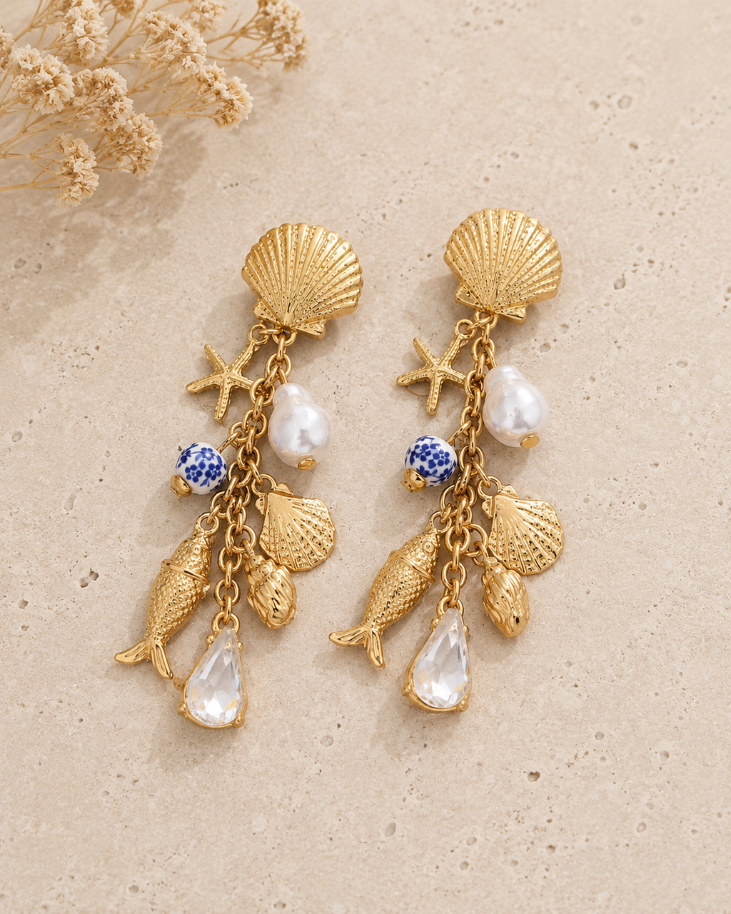 Pearl Shell Fish Cluster Charm Drop Earrings