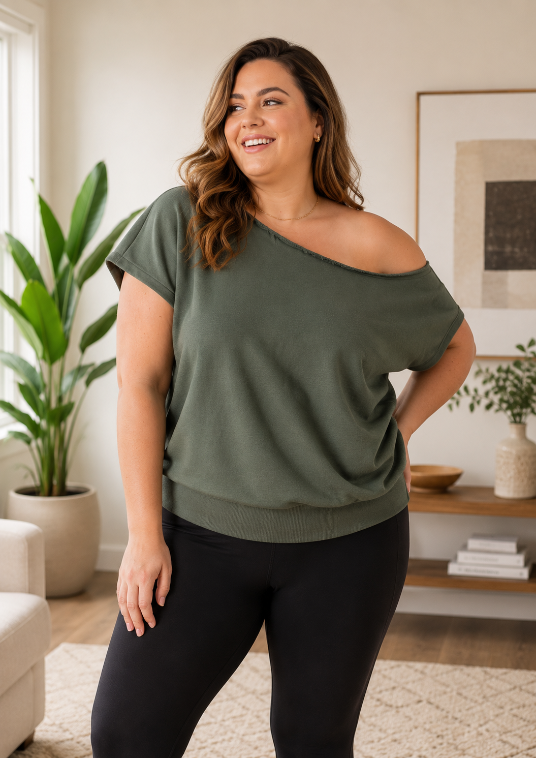 PLUS SIZE FRENCH TERRY OFF SHOULDER TOP