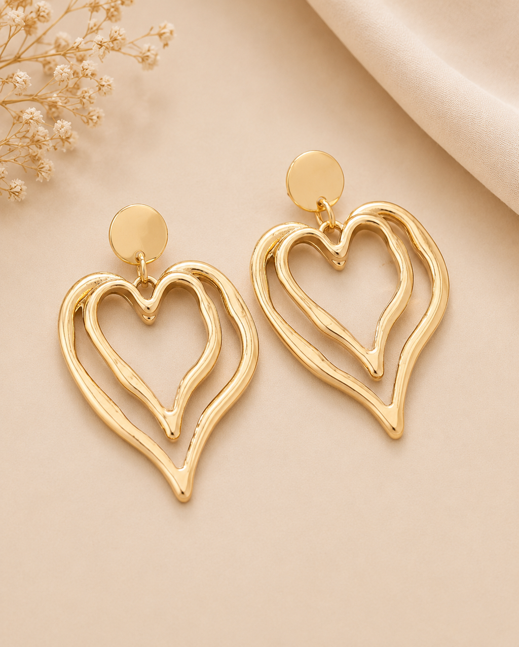 Double Layer Gold-Tone Heart Drop Earrings