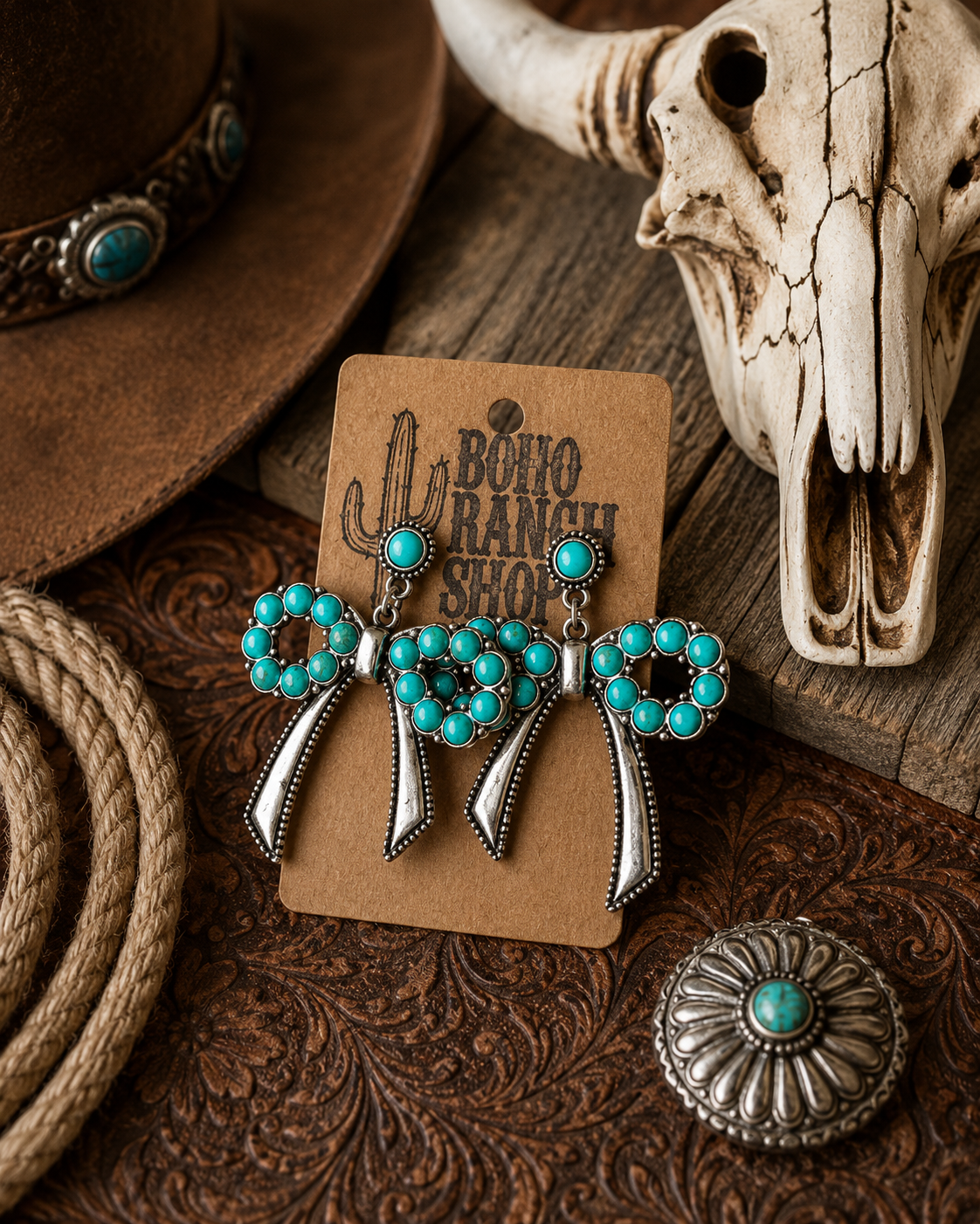 Coquette Bow Ribbon with Turquoise Stone Post Drop Earrings