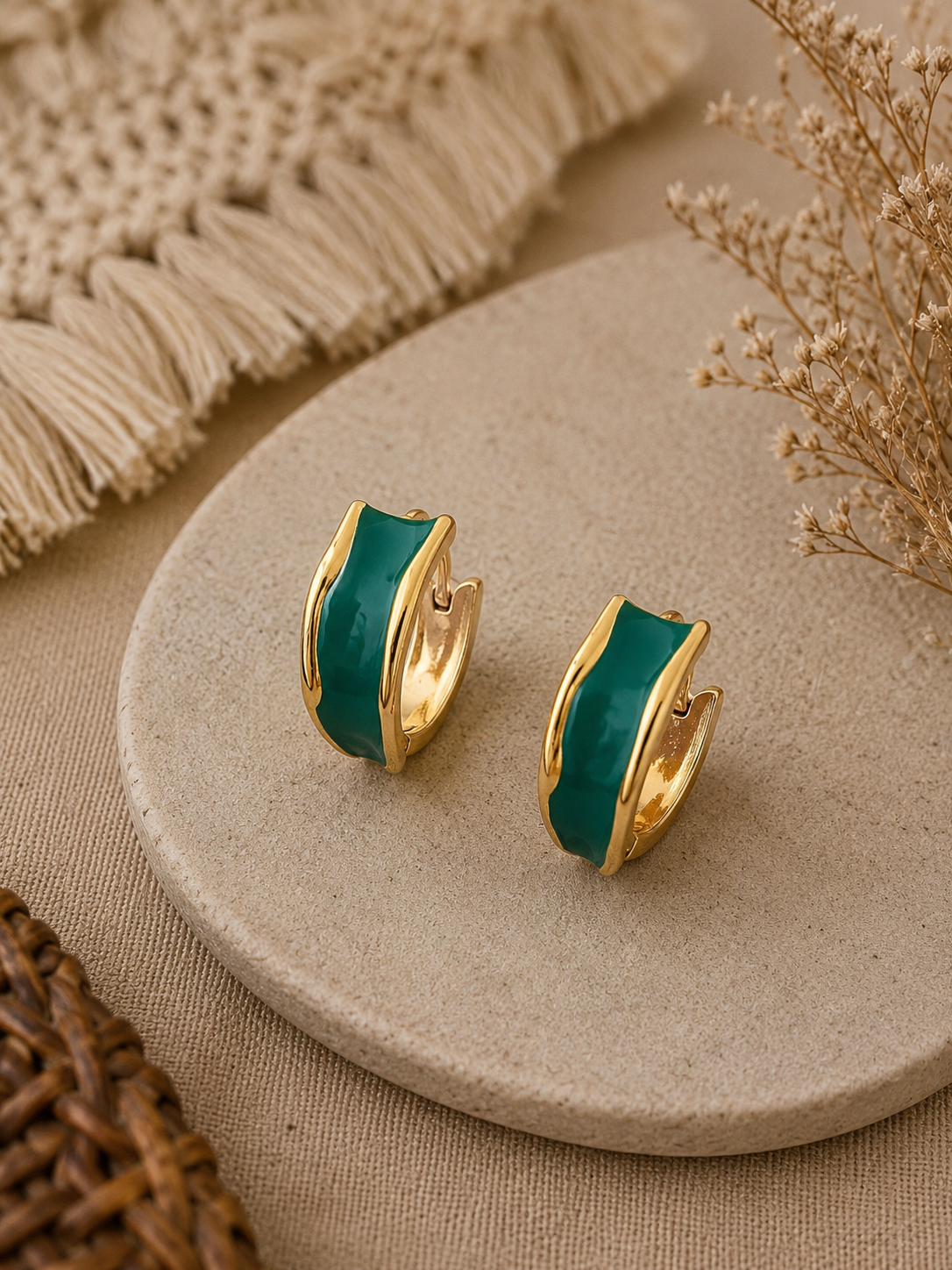 Gold & Green swirl small hoop earrings