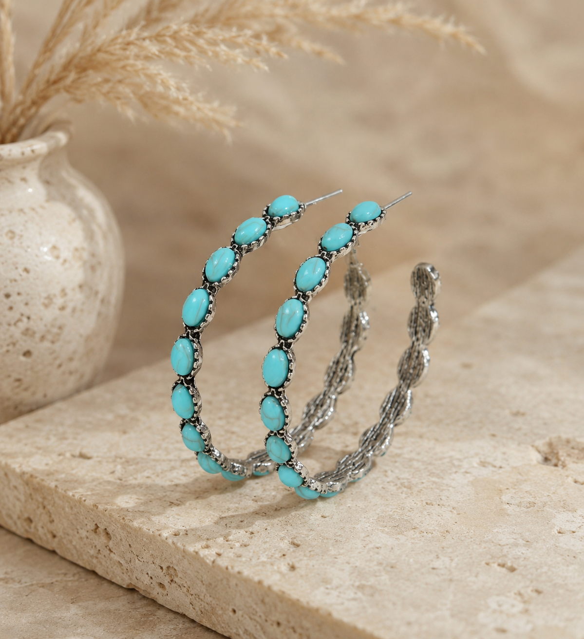WESTERN TURQ STONE HOOP EARRINGS