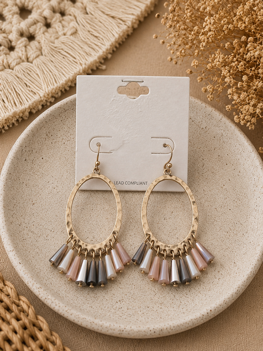 Beaded tassle gold hoop earring
