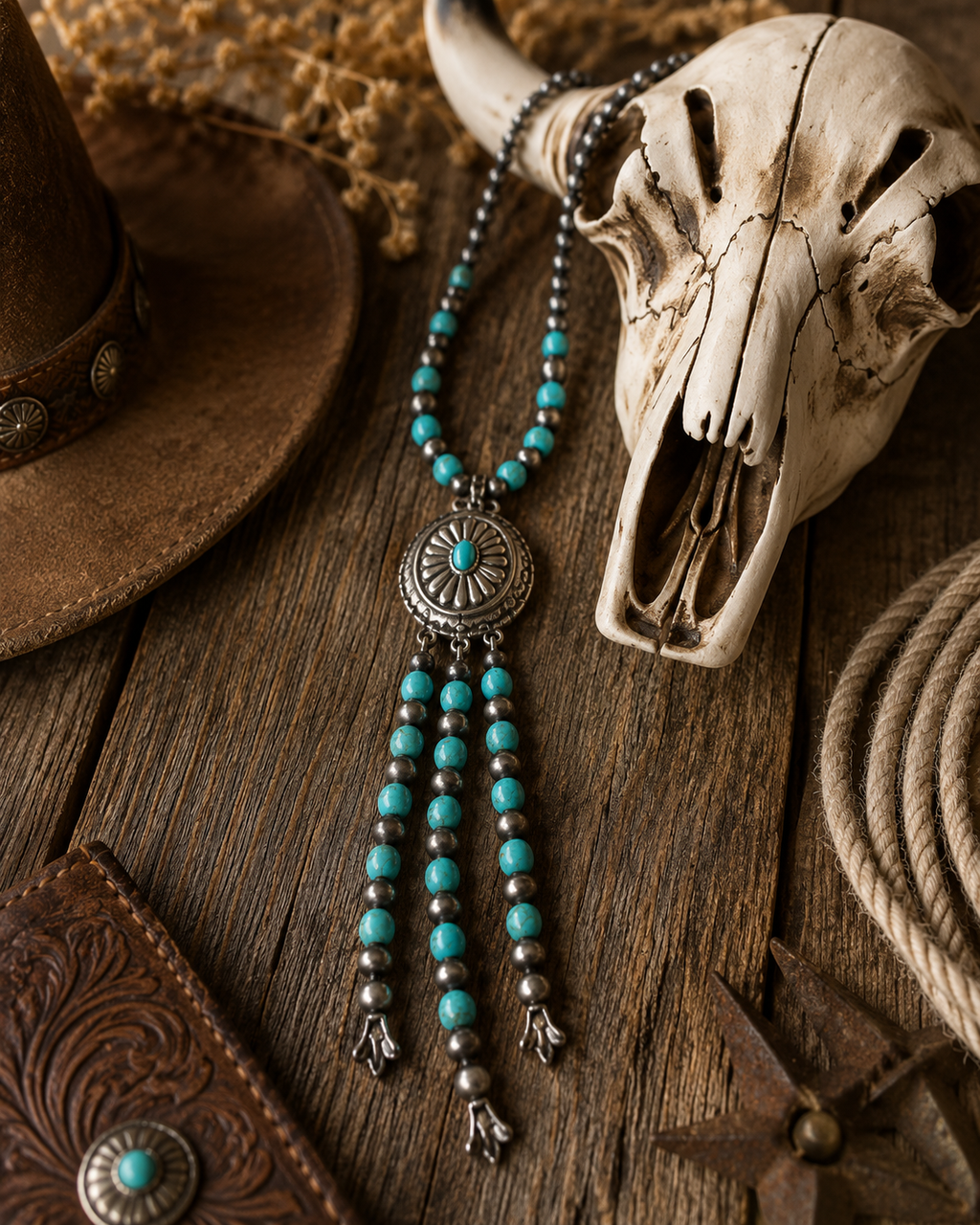 20” Concho Pendant with Bead Tassel Necklace