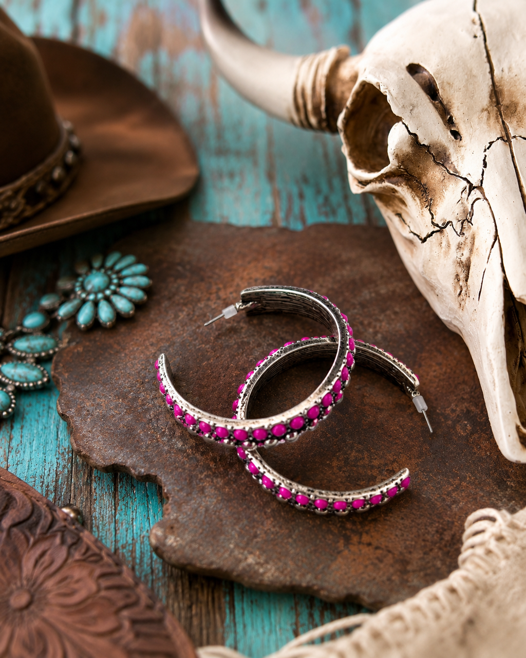2" Western Style Stone Stud Open Hoop Earrings