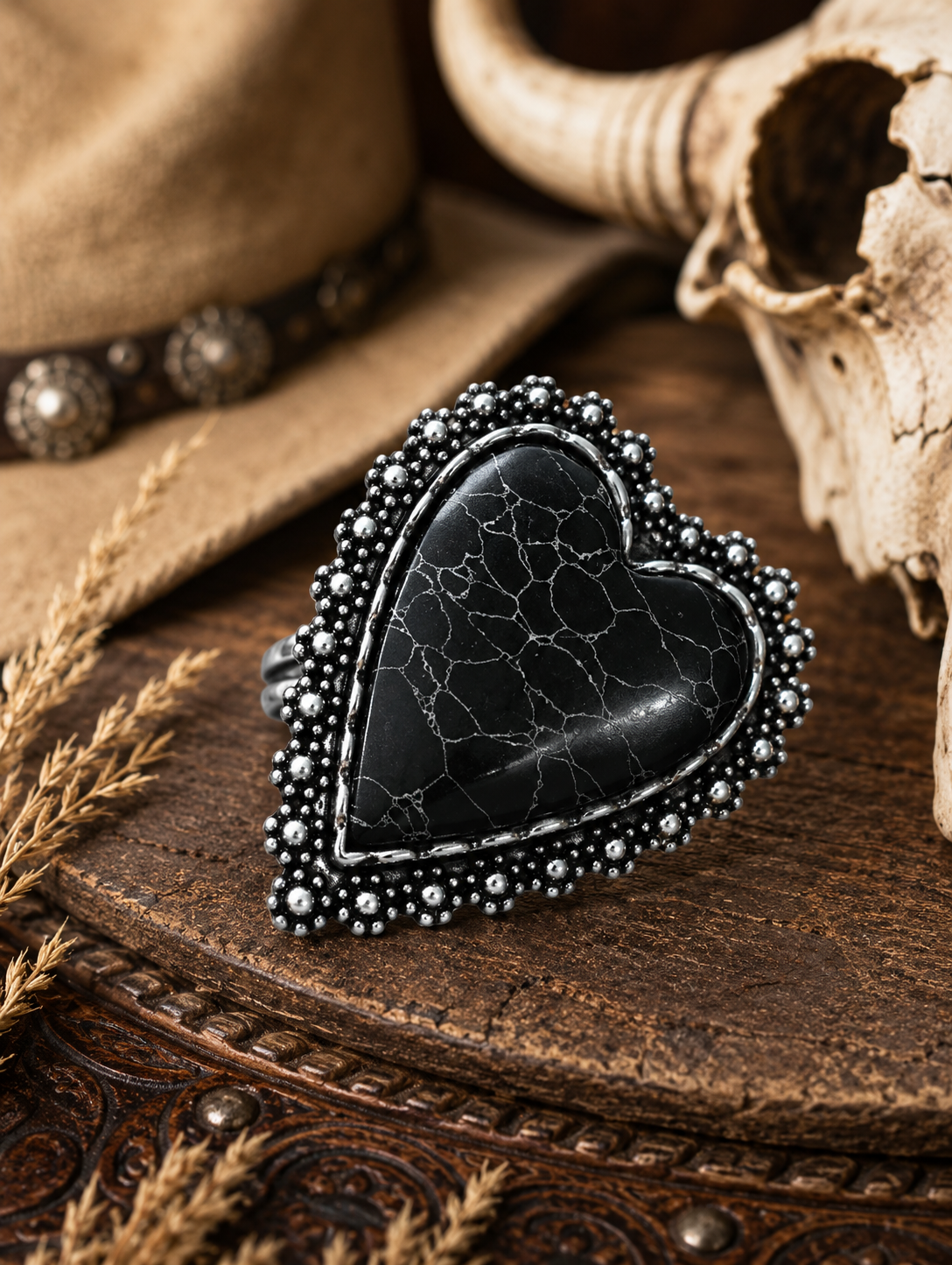 Western Statement Adjustable Heart Ring Black