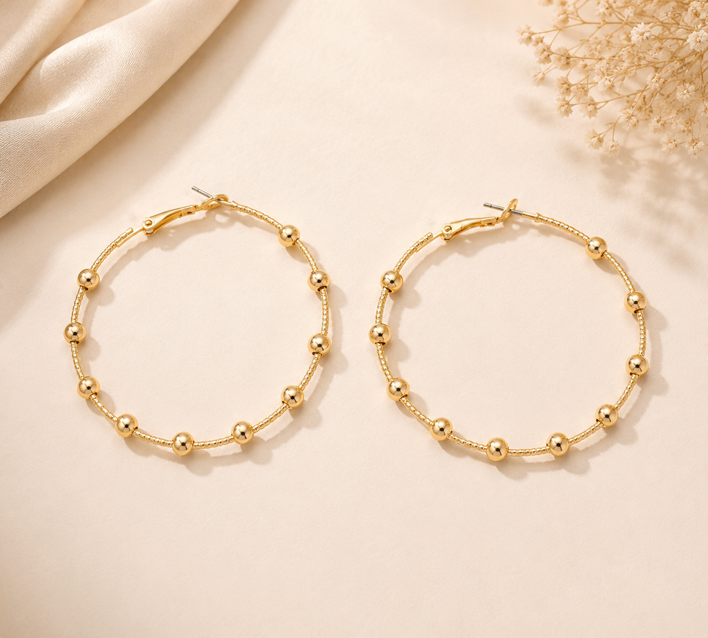 Classic Gold Ball Beaded Station Hoop Earrings