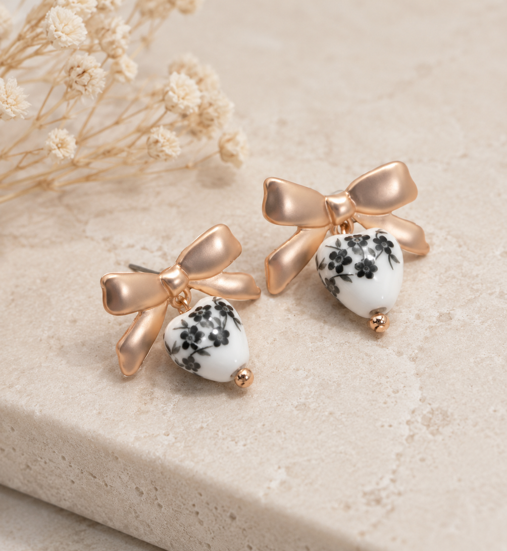 VINTAGE PORCELAIN FLORAL BOW DROP EARRINGS