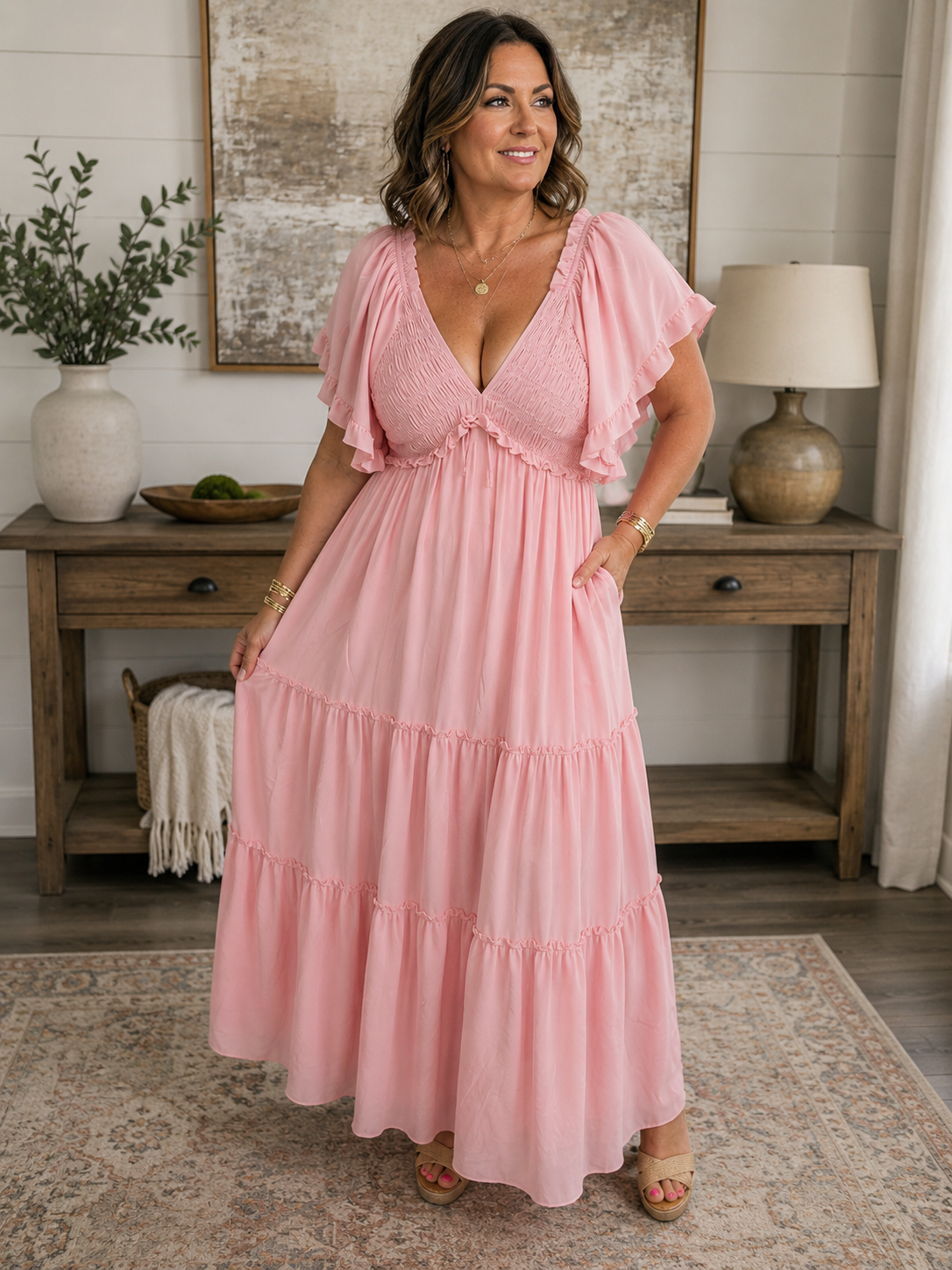 Tiered V Neck Maxi Dress