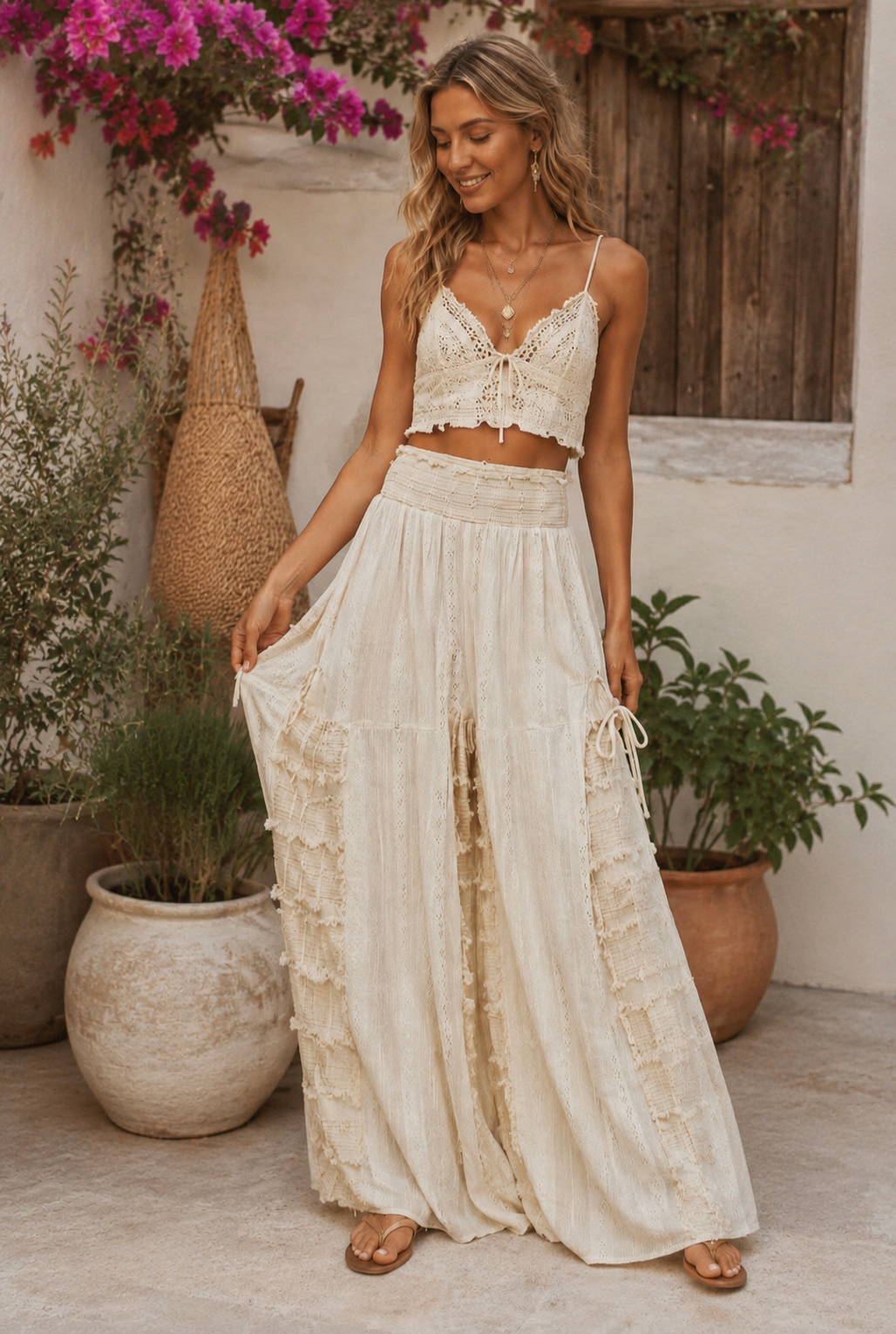 Boho Ruffle Contrast Shell Trim Wide Leg Pants