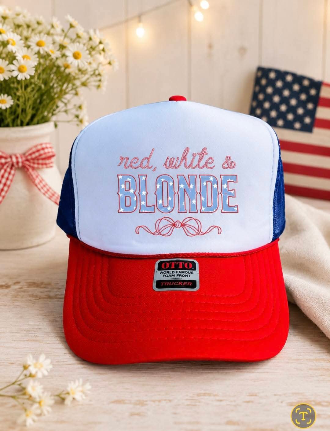 Red, White, and Blonde Trucker Hat