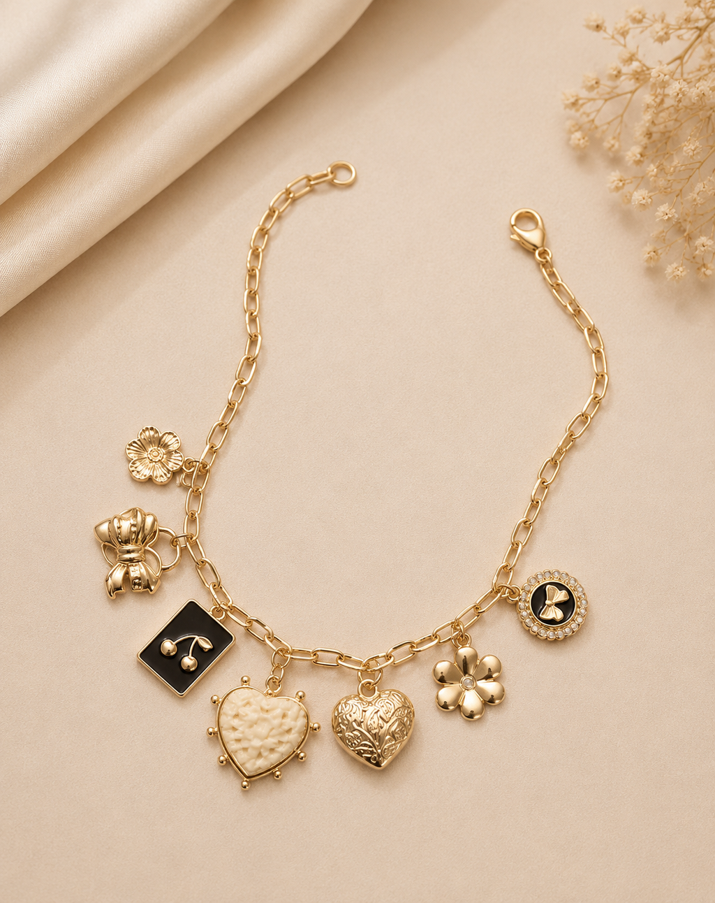 CHARM NECKLACE-BOW CHERRY HEART FLOWER