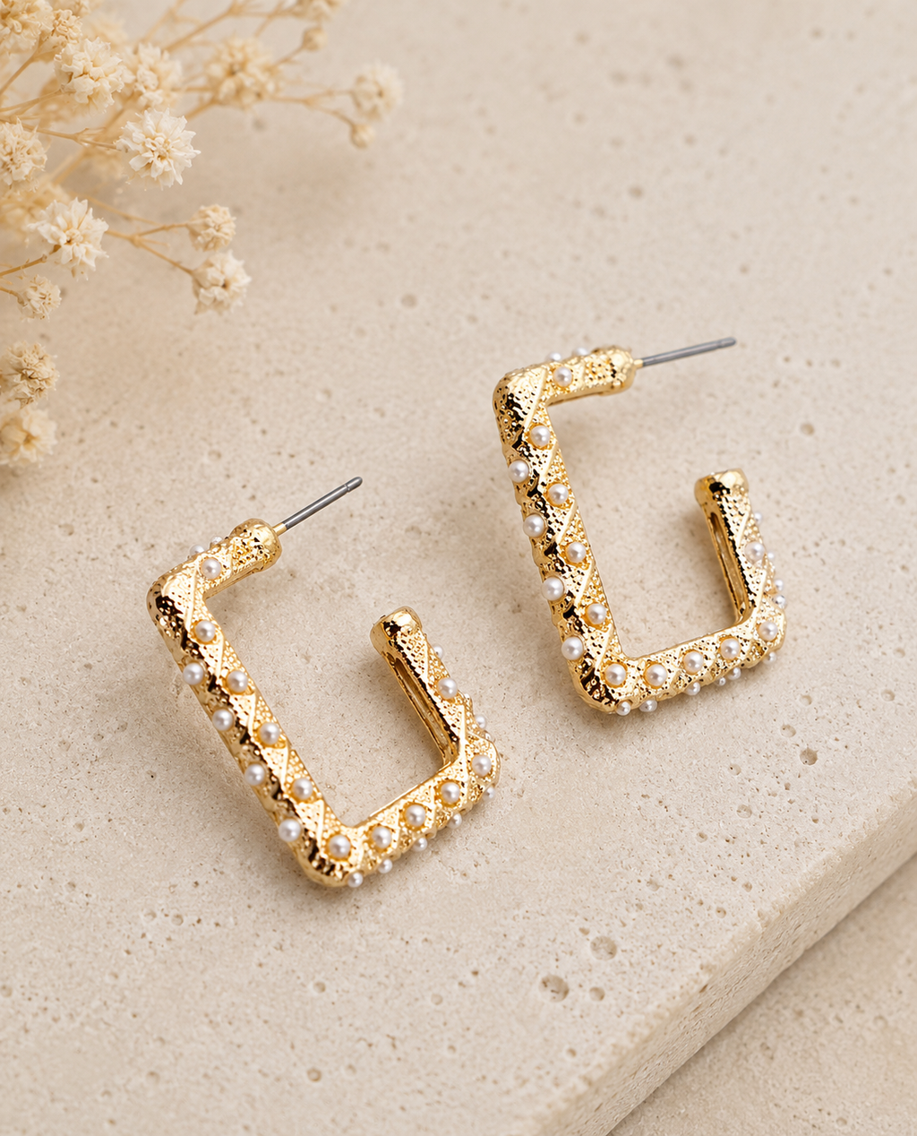 PEARL GOLD MIX RECTANGLE HOOP EARRINGS