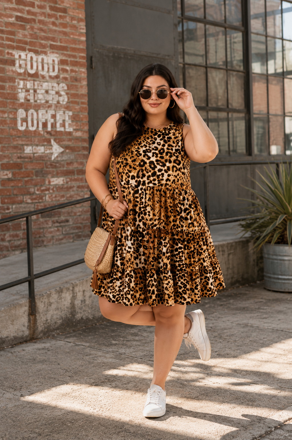 PLUS LEOPARD PRINT RUFFLE DETAIL TANK DRESS