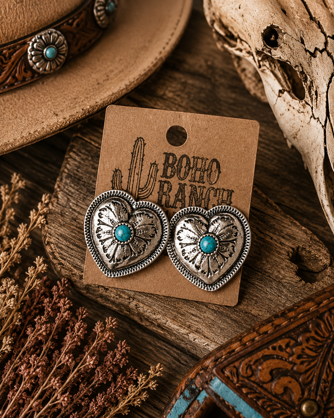Western Style Heart Turquoise Stone Stud Earrings