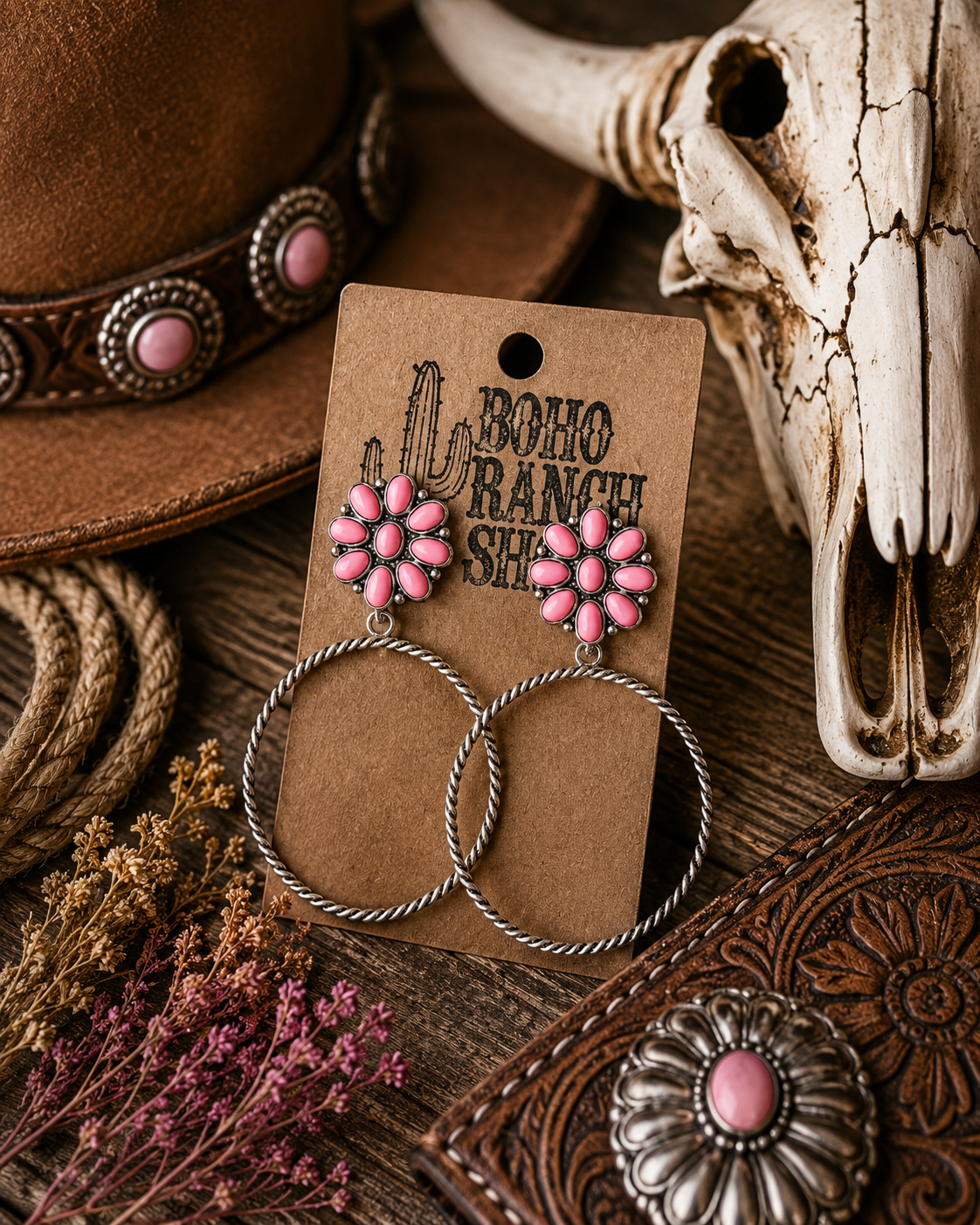 Western Flower Stone Hoop Earrings
